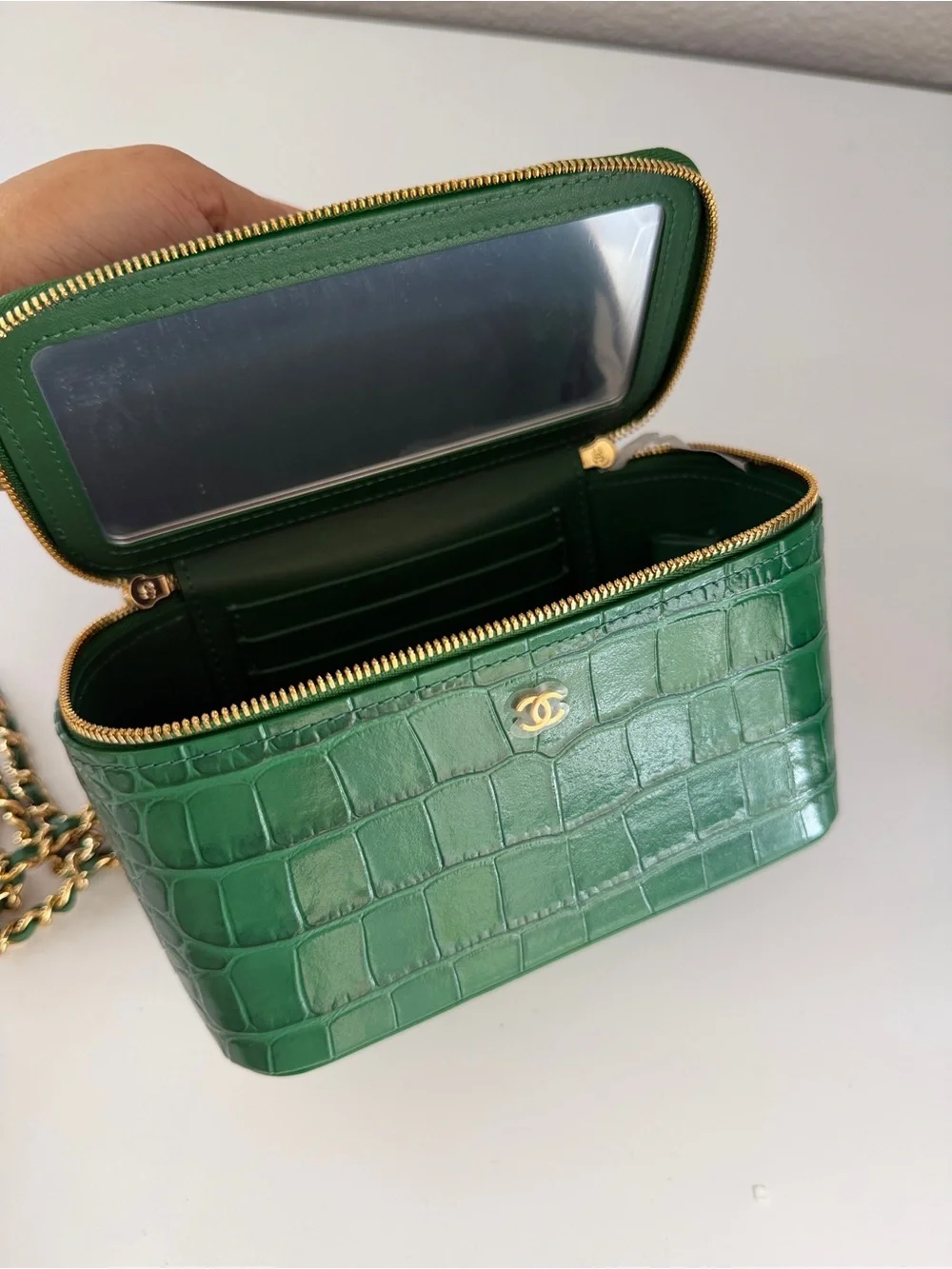CHANEL Green Croc Embossed Top Handle Vanity